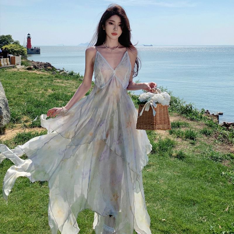 Spaghetti Floral A-Line Midi Lace Strap Sundress Panel Asymmetrical