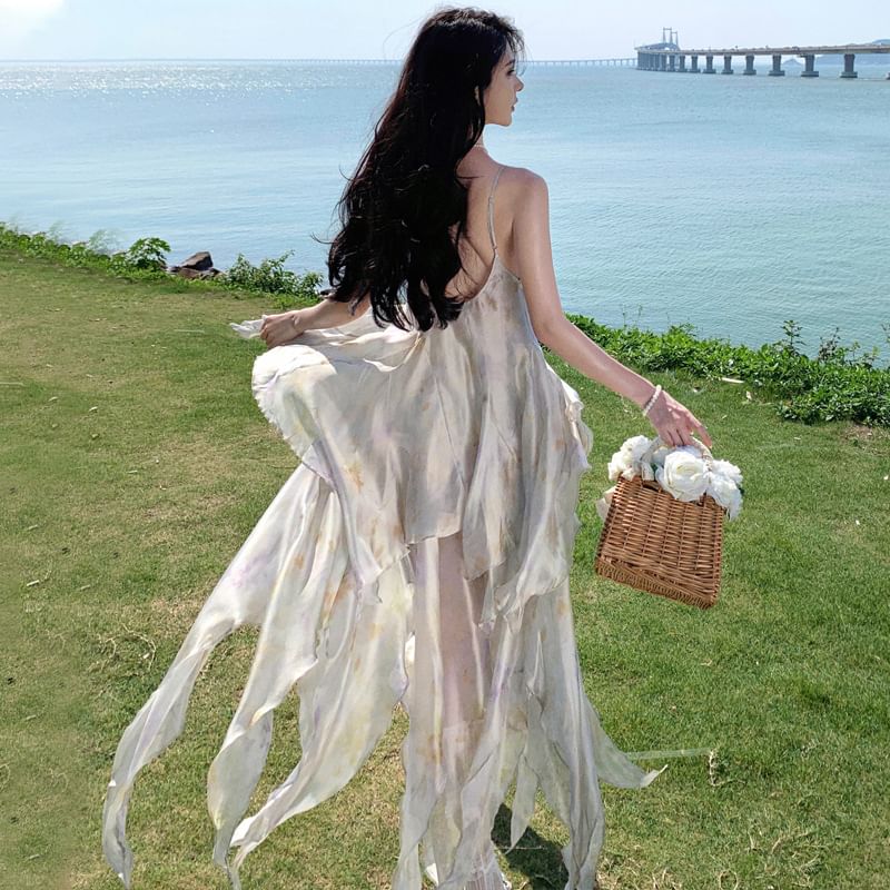 Spaghetti Floral A-Line Midi Lace Strap Sundress Panel Asymmetrical