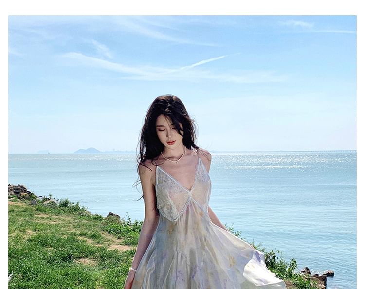 Spaghetti Floral A-Line Midi Lace Strap Sundress Panel Asymmetrical