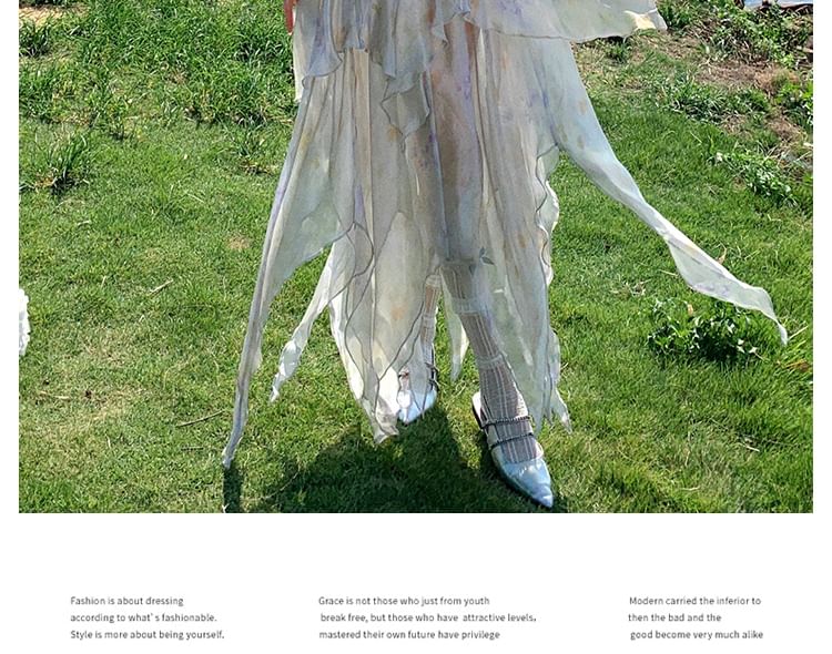 Spaghetti Floral A-Line Midi Lace Strap Sundress Panel Asymmetrical