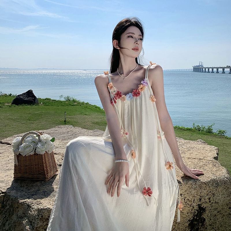 Midi Strap Accent Dress A-Line Flower Spaghetti