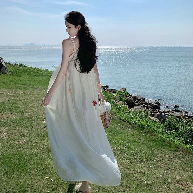 Midi Strap Accent Dress A-Line Flower Spaghetti