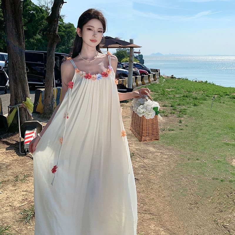 Midi Strap Accent Dress A-Line Flower Spaghetti