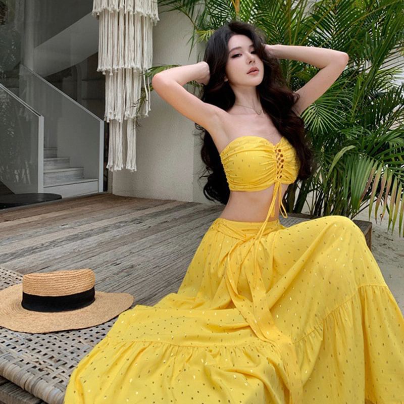 Set: + Mid Crop Tube Maxi Rise A-Line Top Skirt Lace-Up