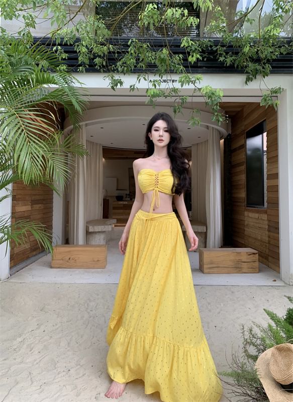 Set: + Mid Crop Tube Maxi Rise A-Line Top Skirt Lace-Up