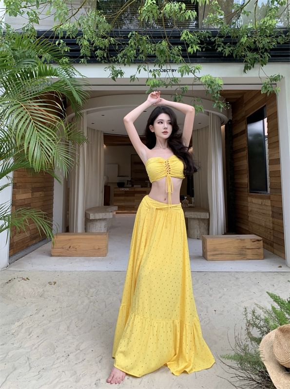 Set: + Mid Crop Tube Maxi Rise A-Line Top Skirt Lace-Up