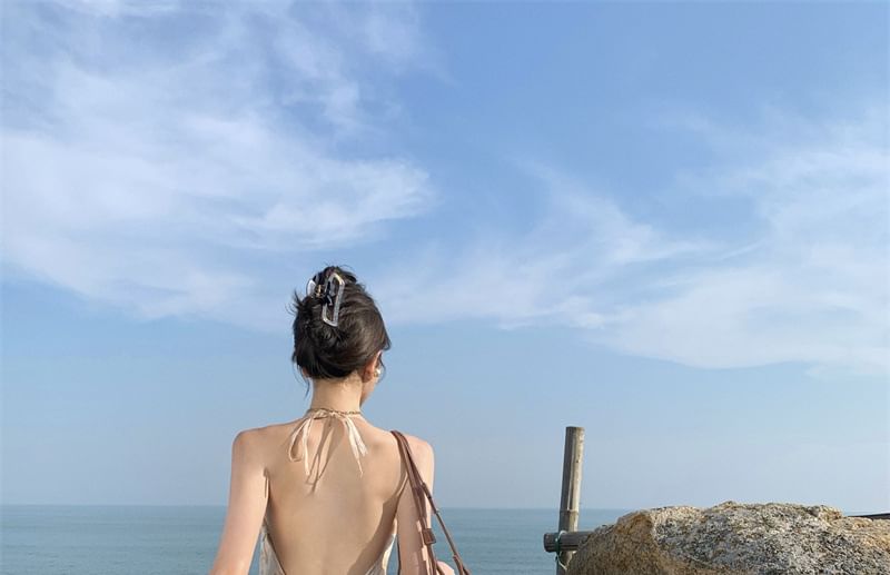 Dress Open A-Line Back Maxi Trim Floral Halter Ruffle