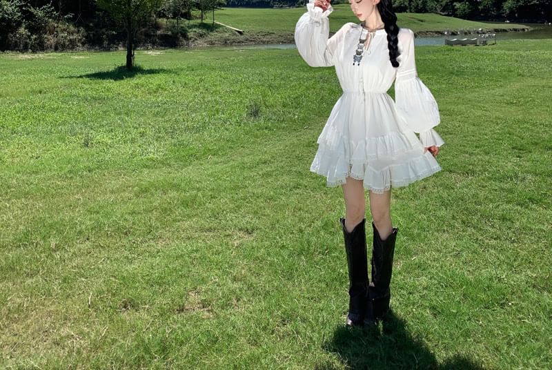 Plain Dress Lace Long-Sleeve Mini A-Line Trim Tiered