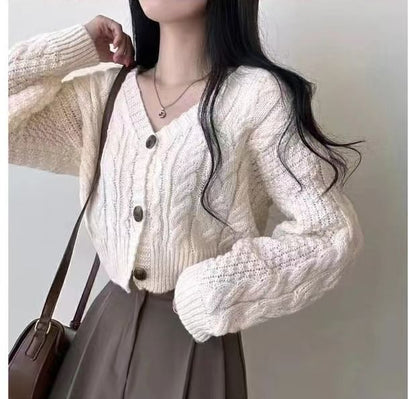 Cropped Cable-Knit V-Neck Cardigan