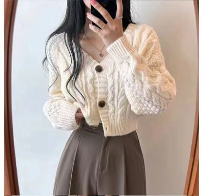 Cropped Cable-Knit V-Neck Cardigan