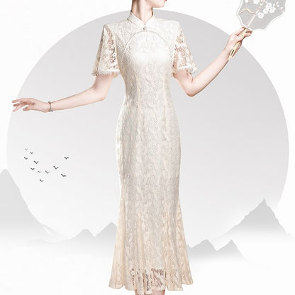 Short Sleeve Mandarin Collar Lace Midi Sheath Dress