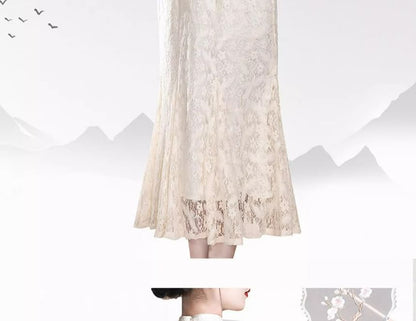 Short Sleeve Mandarin Collar Lace Midi Sheath Dress