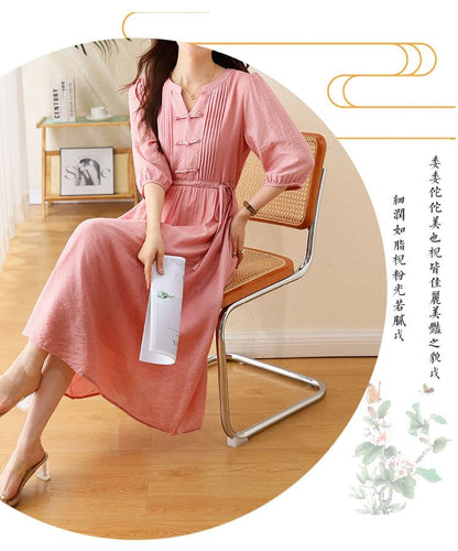 Elbow-Sleeve Notch Neck Plain Bowknot Midi A-Line Dress