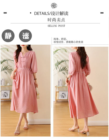 Elbow-Sleeve Notch Neck Plain Bowknot Midi A-Line Dress