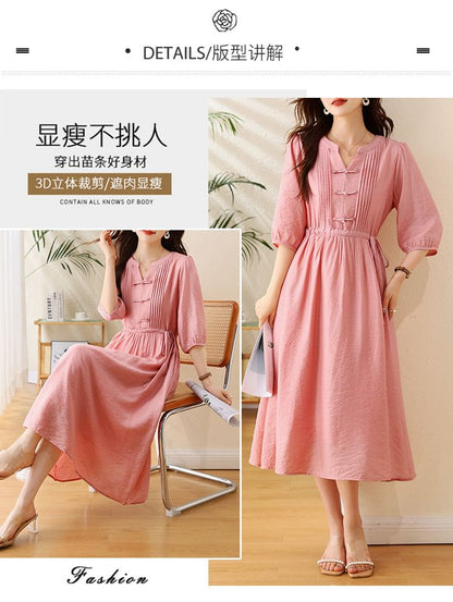 Elbow-Sleeve Notch Neck Plain Bowknot Midi A-Line Dress