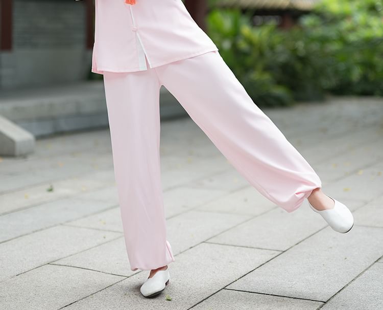 Set: Long-Sleeve Band Collar Plain Hanfu Blouse + Mid Rise Plain Wide Leg Pants