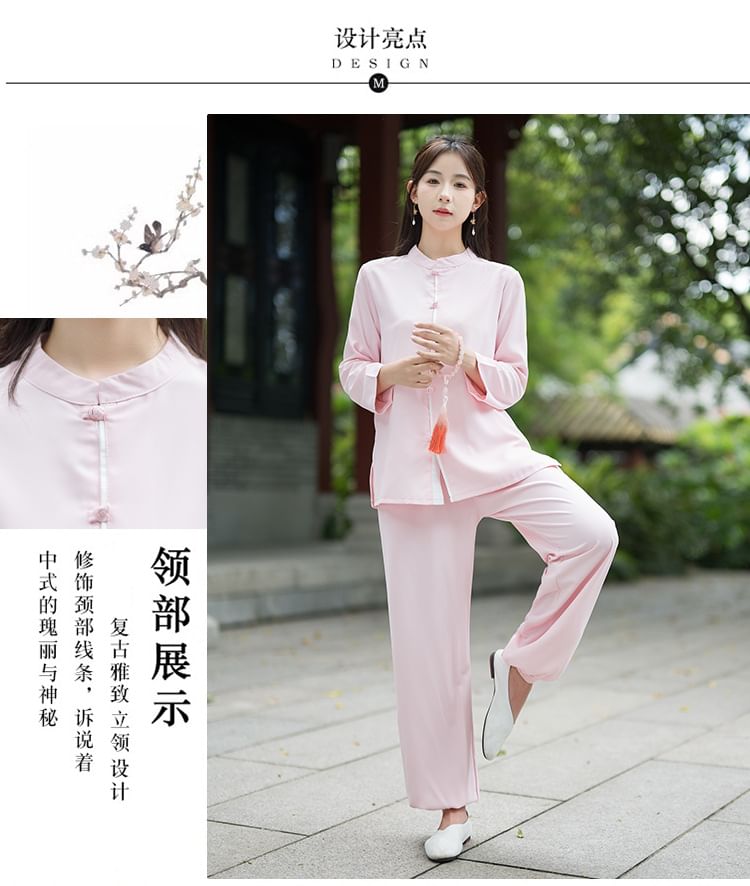 Set: Long-Sleeve Band Collar Plain Hanfu Blouse + Mid Rise Plain Wide Leg Pants