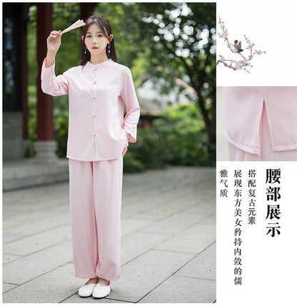 Set: Long-Sleeve Band Collar Plain Hanfu Blouse + Mid Rise Plain Wide Leg Pants