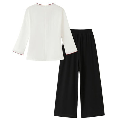 Long-Sleeve V-Neck Contrast Trim Hanfu Top / Mid Rise Plain Wide Leg Pants