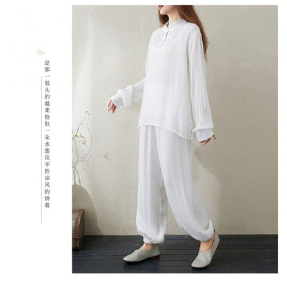 Set: Long-Sleeve Band Collar Plain Hanfu Top + Plain Camisole Top + Mid Rise Plain Harem Pants