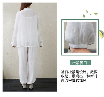 Set: Long-Sleeve Band Collar Plain Hanfu Top + Plain Camisole Top + Mid Rise Plain Harem Pants