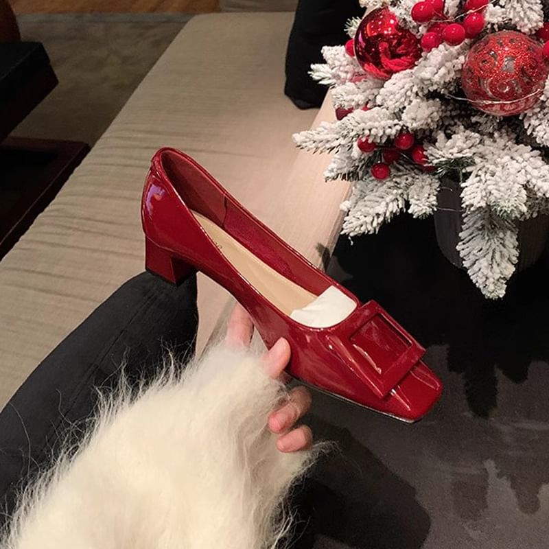 Toe Square Chunky Heel Pumps Buckled