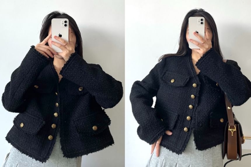 V-Neck Button-Up Tweed Jacket