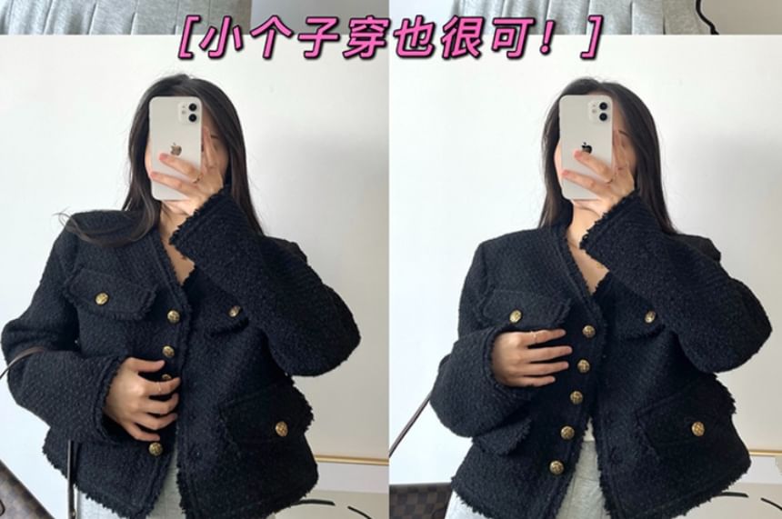 V-Neck Button-Up Tweed Jacket