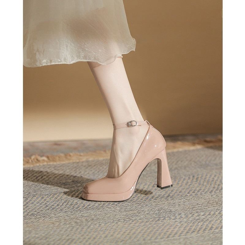 Square Pumps Platform Ankle Patent Leather Toe Strap