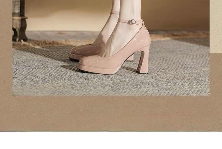Square Pumps Platform Ankle Patent Leather Toe Strap