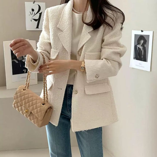 Notch Lapel Plain Tweed Single Breasted Blazer