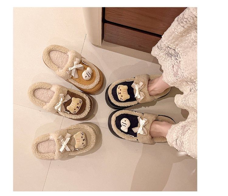 Cartoon Bow Fleece-Lined Platform Mules