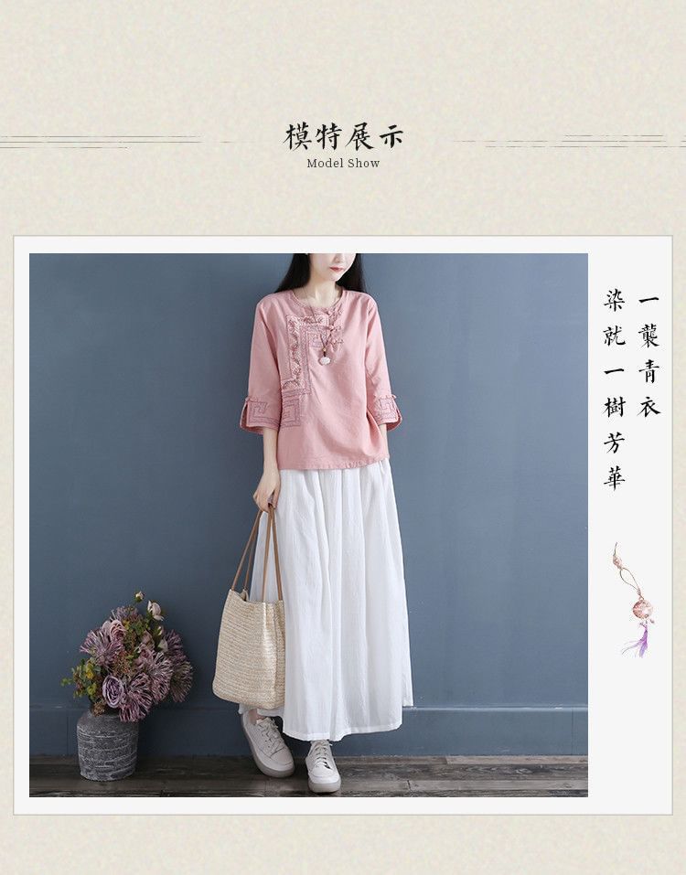 3/4 Sleeve Crew Neck Floral Embroidered Blouse