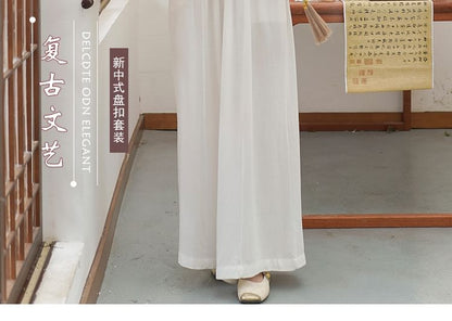 Long Sleeve Mandarin Collar Floral Hanfu Shirt / Mid Rise Wide Leg Pants