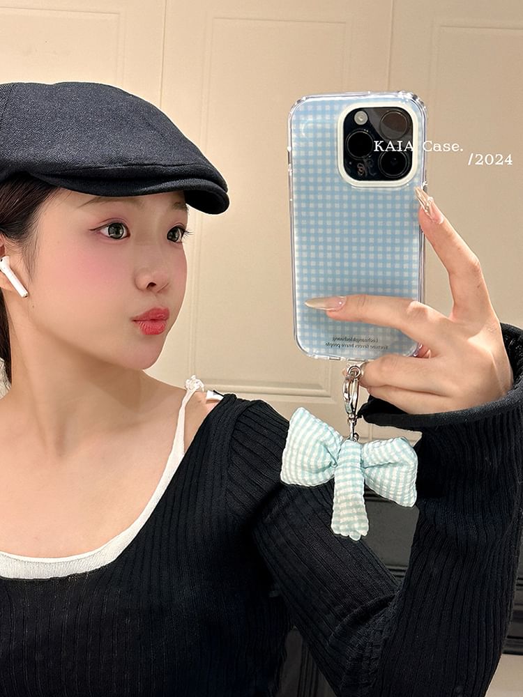 / Set Phone Charm Bow Plaid Case
