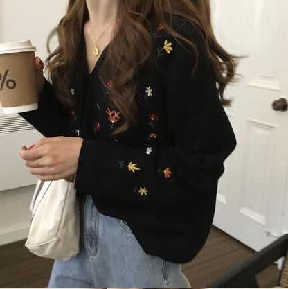 V-Neck Floral Embroidered Button-Up Cardigan