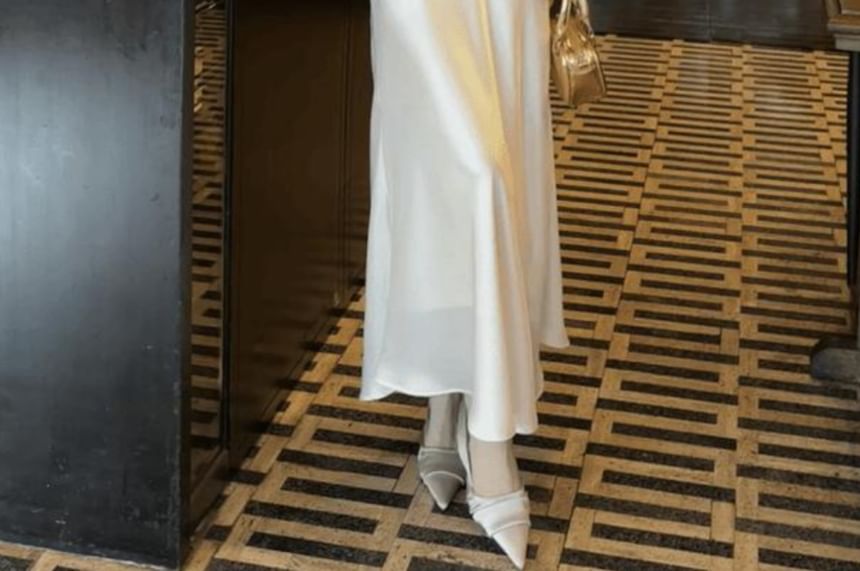 Long-Sleeve V-Neck Satin Plain Maxi Sheath Dress