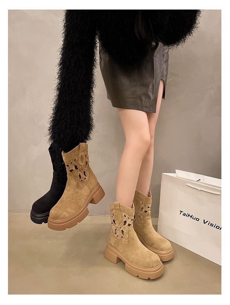 Platform Embroidered Cutout Short Boots