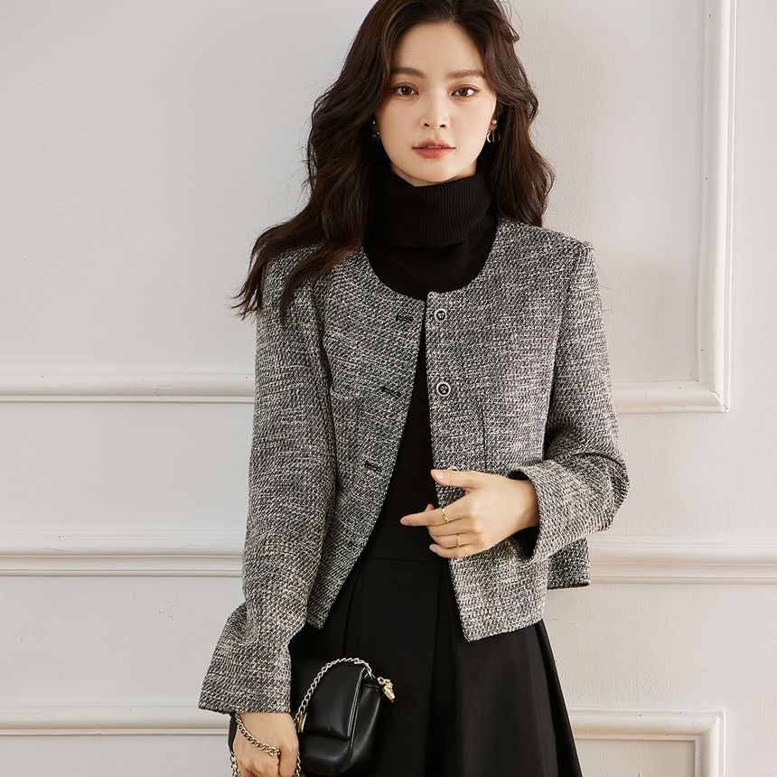 Round Neck Tweed Button Cropped Jacket