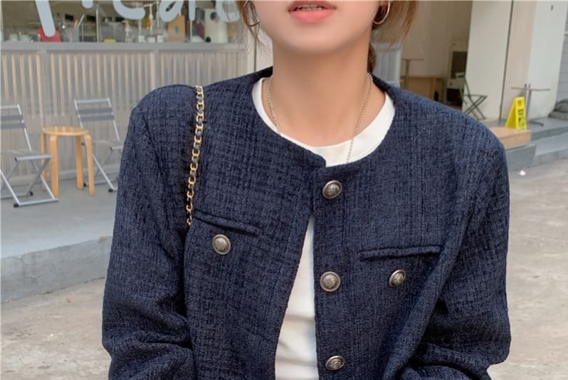 Round Neck Button Up Cropped Tweed Jacket