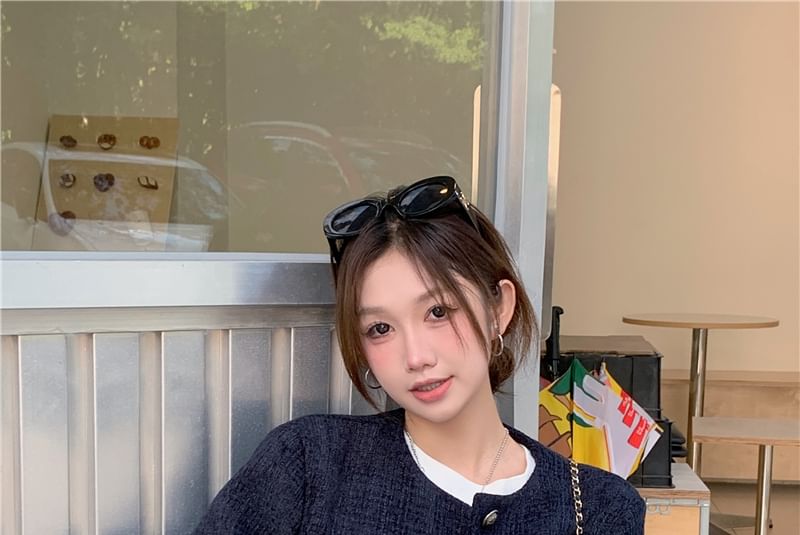 Round Neck Button Up Cropped Tweed Jacket