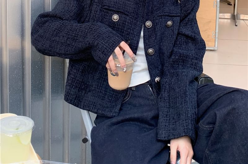 Round Neck Button Up Cropped Tweed Jacket