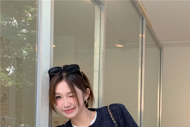 Round Neck Button Up Cropped Tweed Jacket