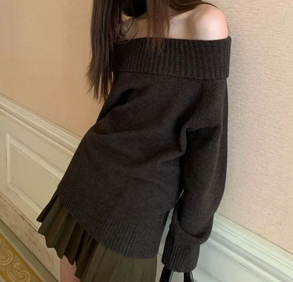 Long Sleeve Off-Shoulder Plain Loose-Fit Sweater