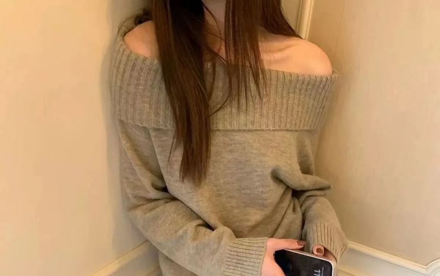 Long Sleeve Off-Shoulder Plain Loose-Fit Sweater