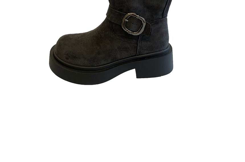 Platform Plain Buckled Faux Suede Mid-Calf Boots