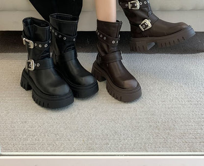 Platform Plain Grommet Buckled Faux Leather Short Boots