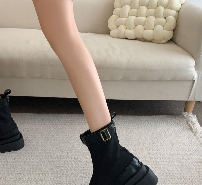 Platform Faux Leather Panel Buckled Short Boots