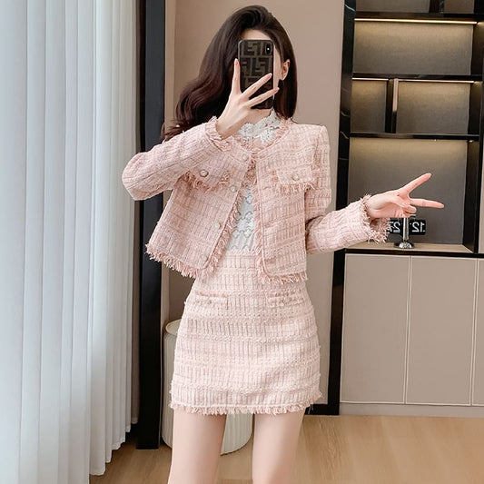 Set: Band Collared Tweed Button Jacket + High Waist Plain Mini Pencil Skirt