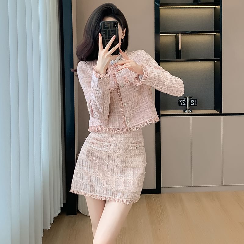 Set: Band Collared Tweed Button Jacket + High Waist Plain Mini Pencil Skirt